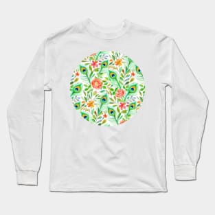 Peacock Feather Posies on white Long Sleeve T-Shirt